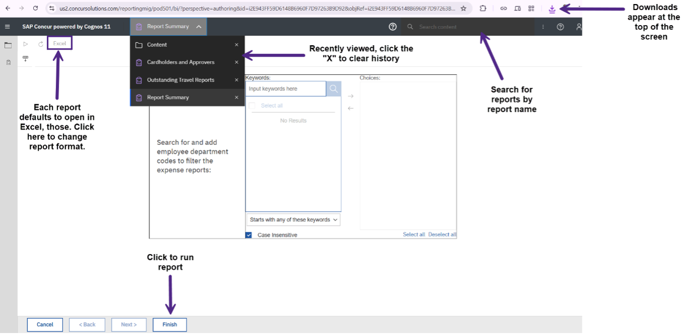 highlighted links to search fields in the top menu, excel links and a reporting summary