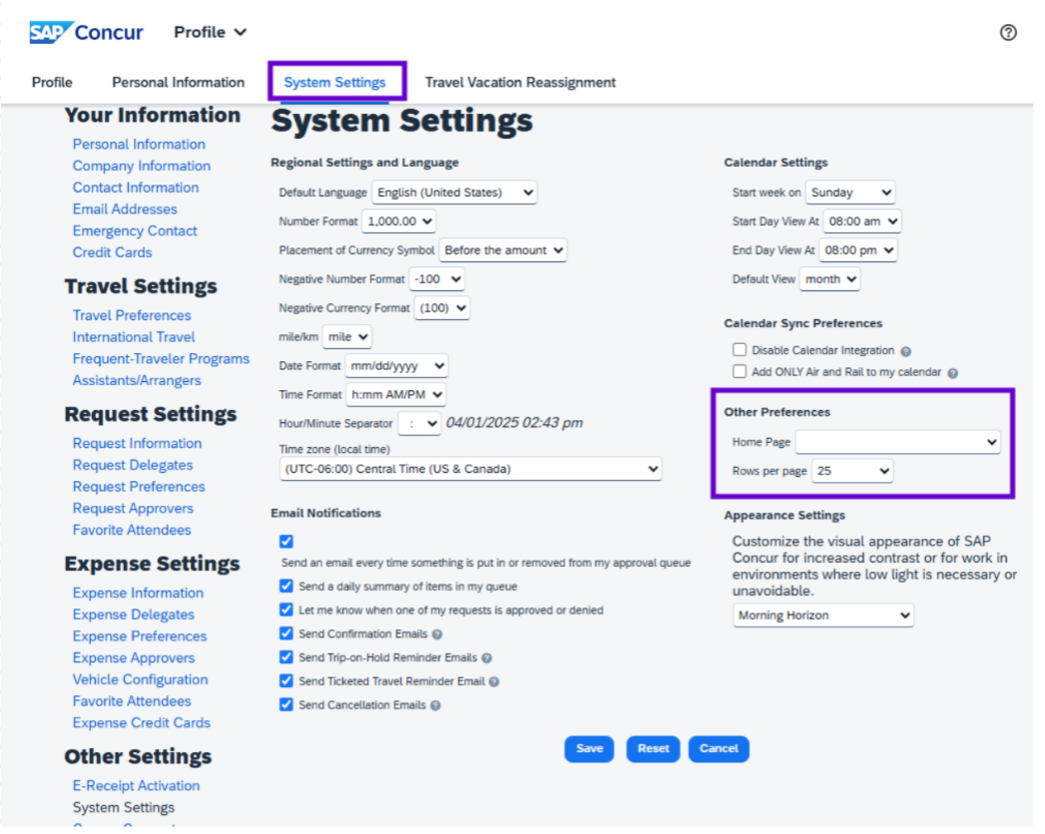 System settings menu at the top of the concur screen